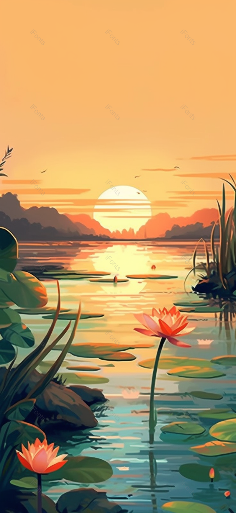 夏日夕阳下荷花盛,插画/手绘图,插画/手绘图库,插画/手绘图下载,插画/手绘